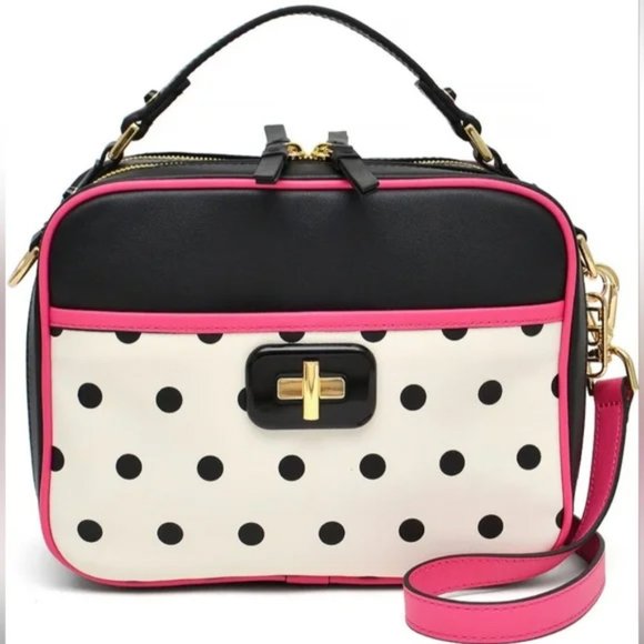LDT Handbags - LDT "Jill" Purse Leather Crossbody Polkadot Lunchbag Bag Black Pink Gold New